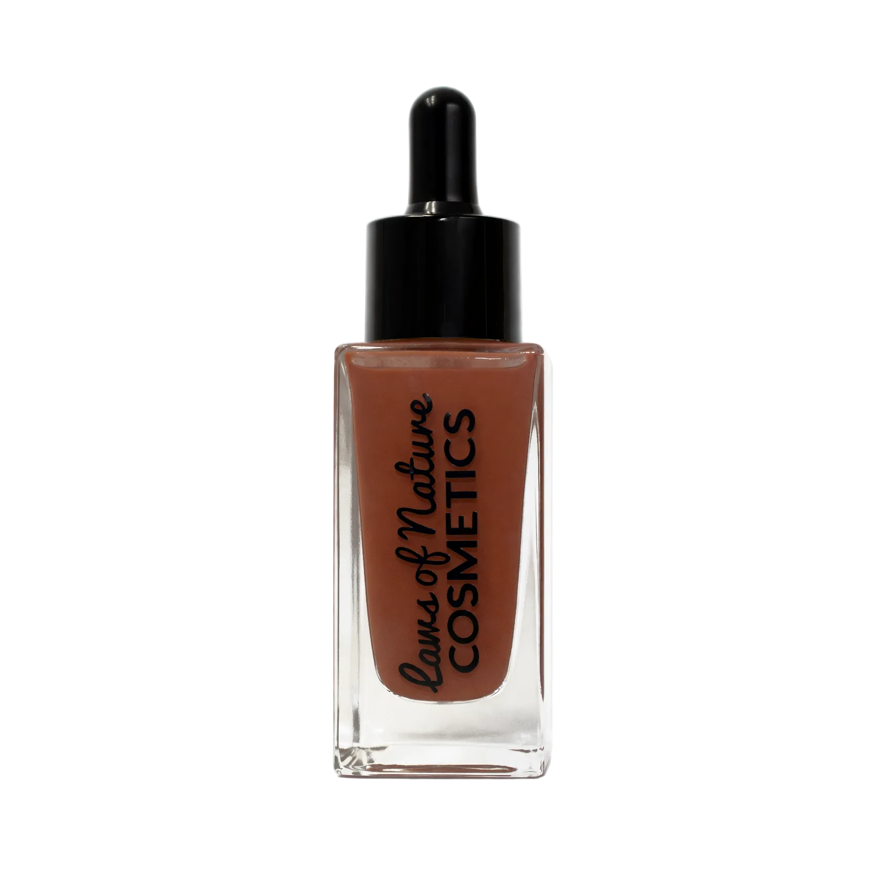 Cosmetic dropper bottle with brown liquid and 'Laws of Nature Cosmetics' branding on a white background