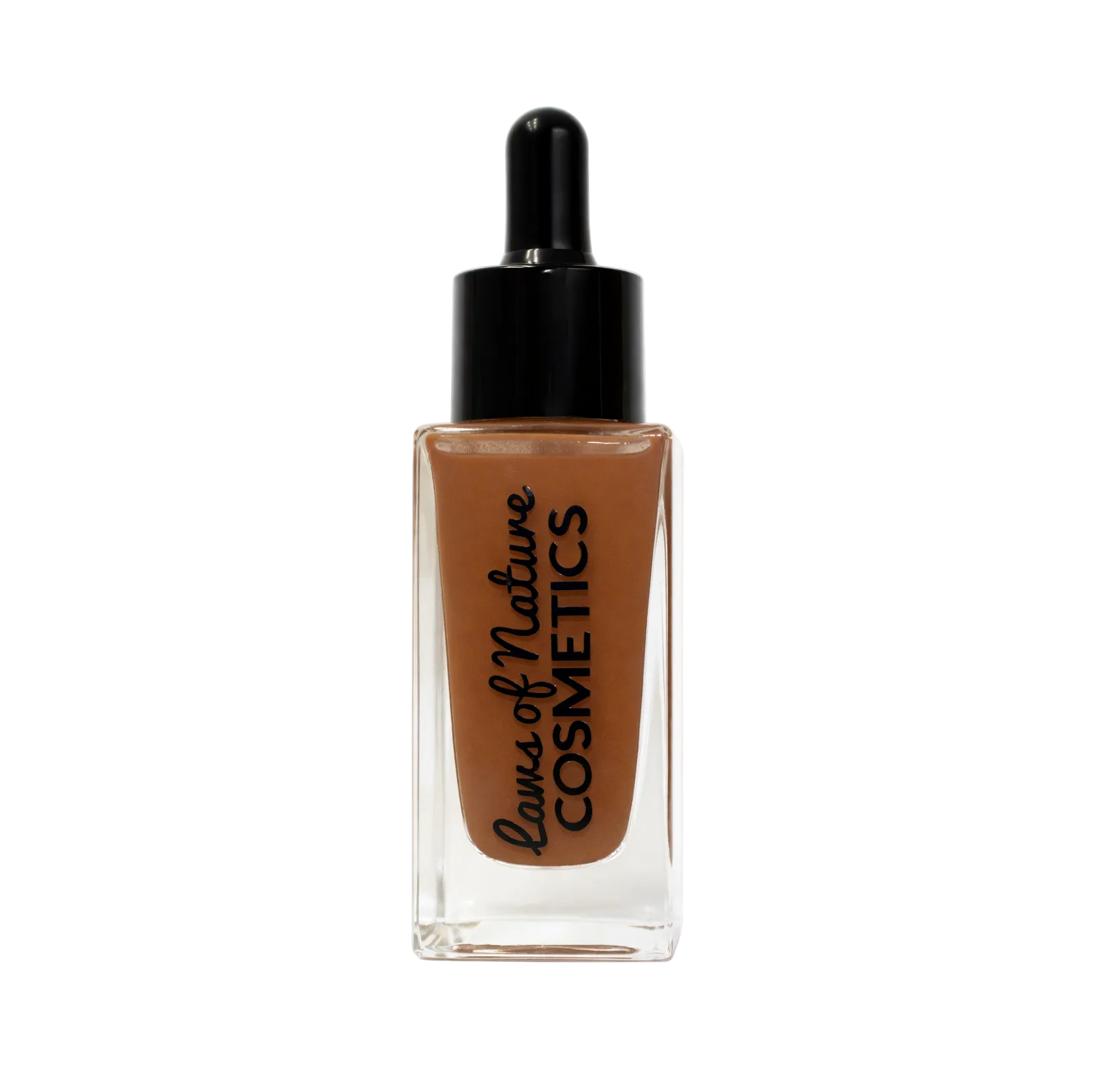 Cosmetic dropper bottle with brown liquid and black cap on a white background