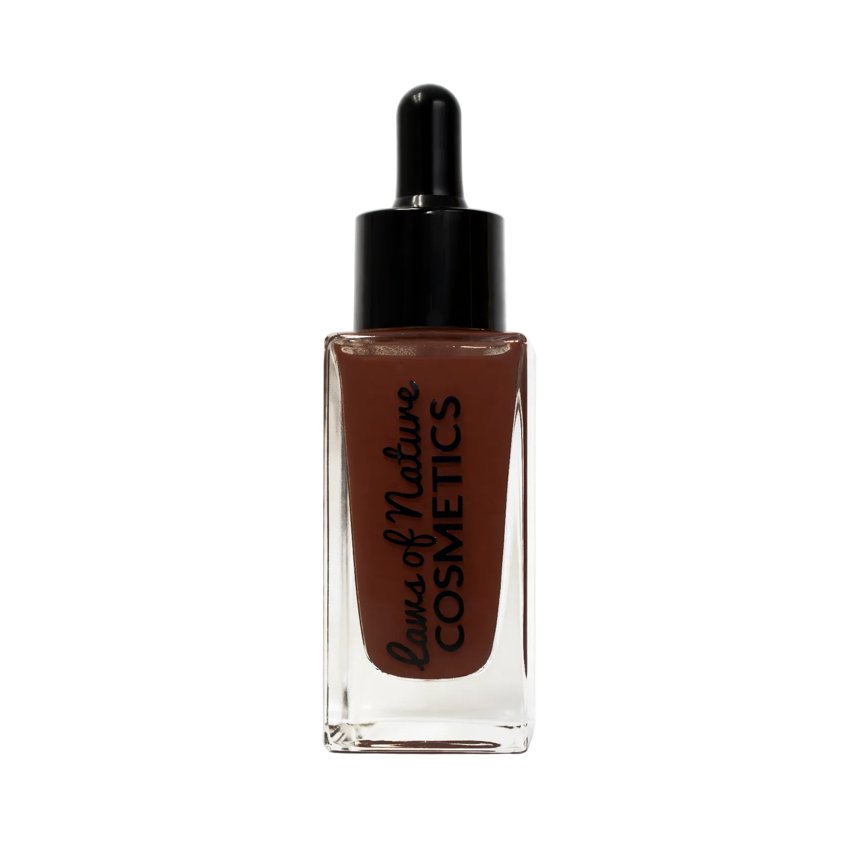 Cosmetic dropper bottle with brown liquid and 'Laws of Nature Cosmetics' branding on a white background